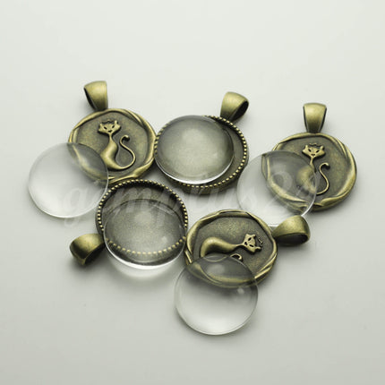 1/5 Pcs/Set Pendant Cat BEZELS Link with GLASS Magnifying Domes Cabochon - 5 sets 10 pcs  - 20mm 13/16 inch Antique Brass Bezel T224