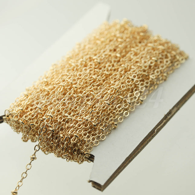 100 ft Pinky Gold (Champagne Gold) Plated Satellite Chain Flat BALL Chain - 3x1.7mm SOLDERED link - Dainty Delicate Chain - Bulk - 317FSAT