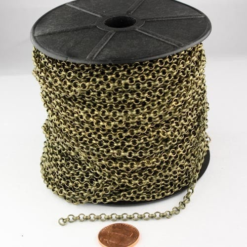 Antique Brass Rolo Chain bulk Chain, 5 ft of Rolo Bronze Cable Chain 3.8mm - Unsoldered Links - Necklace Wholesale - 38ROLO