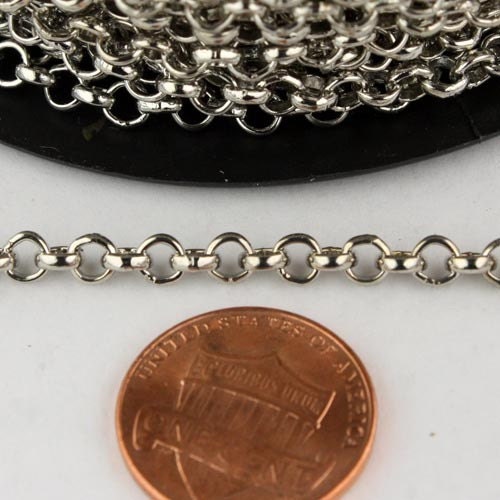 Rhodium Plated Rolo Chain bulk, 5 ft of Antique Silver Rolo Cable Chain 3.8mm - Unsoldered Links - Bulk Chain - 38ROLO