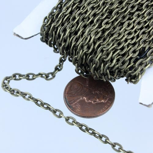 Antique Brass Chain, 100 ft of Antique Brass  Flat Cable Chain - 4x3mm 0.8mm Unsoldered Link - 43F
