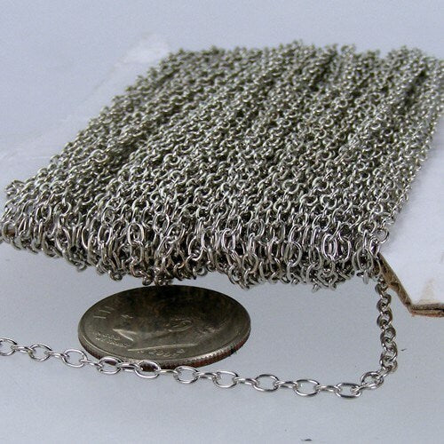 50 ft spool of Rhodium Plated Round cable chain - 3.x2.2mm - unsoldered link - 322CA