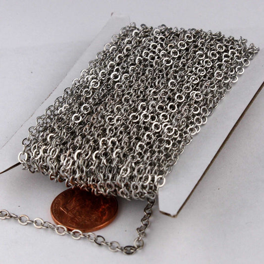 100 ft spool of Antique Silver Rhodium Plated Flat ROUND Soldered Cable Chain - 3.4x3.4mm SOLDERED Link -  3434F