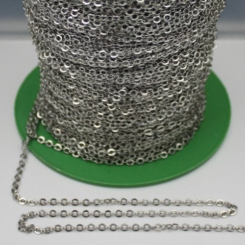 100 ft Rhodium Flat Cable Chain - 3.4x2.9mm SOLDERED Link - Antique Silver Bulk Flat Soldered Cable Chain - 3429F-RD