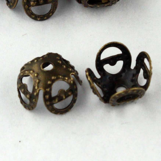 100 Bead Caps - 8mm Width - Antique Brass Plated Filigree Leaf Flower Beads Cap