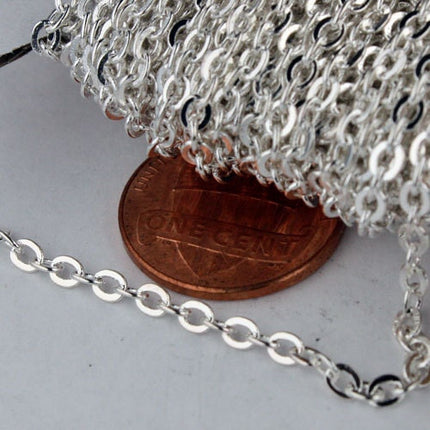 32 ft Sterling Silver Plated Flat Cable Chain - 3.4x2.9mm SOLDERED Link - Bulk Flat Soldered Cable Chain - 3429F-SV