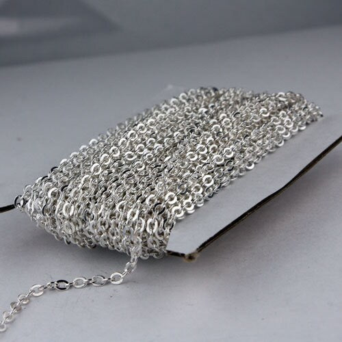 Sample 3 ft Sterling Silver Plated Flat Cable Chain - 3.4x2.9mm SOLDERED Link - Bulk Flat Soldered Cable Chain - 3429F-SV