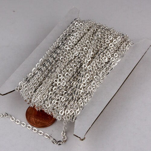 Sample 3 ft Sterling Silver Plated Flat Cable Chain - 3.4x2.9mm SOLDERED Link - Bulk Flat Soldered Cable Chain - 3429F-SV
