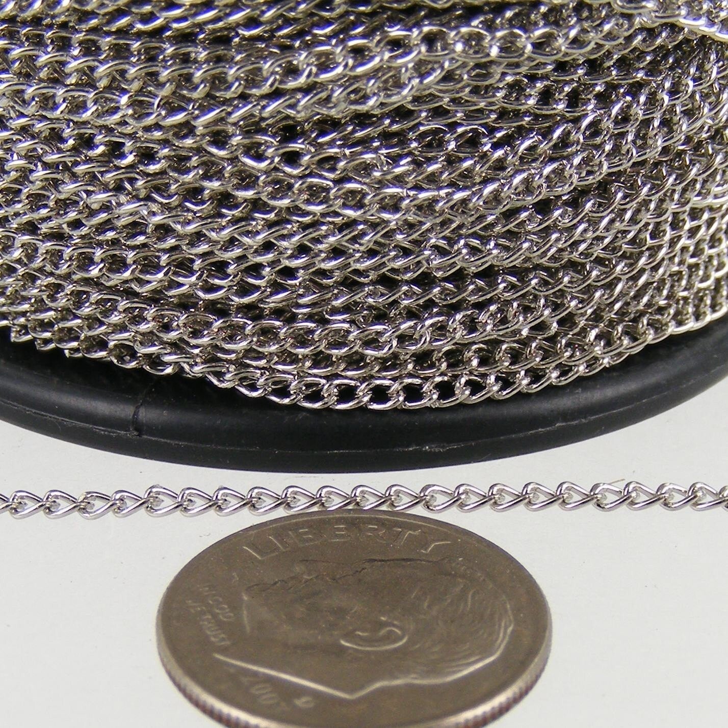 100ft. spool of Rhodium Plated little curb chain - 1.5mm Unsoldered link - 15curb