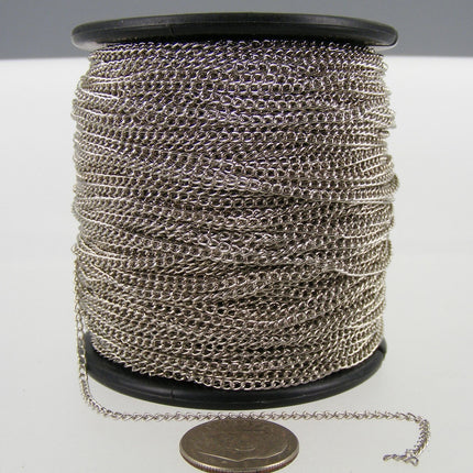 100ft. spool of Rhodium Plated little curb chain - 1.5mm Unsoldered link - 15curb