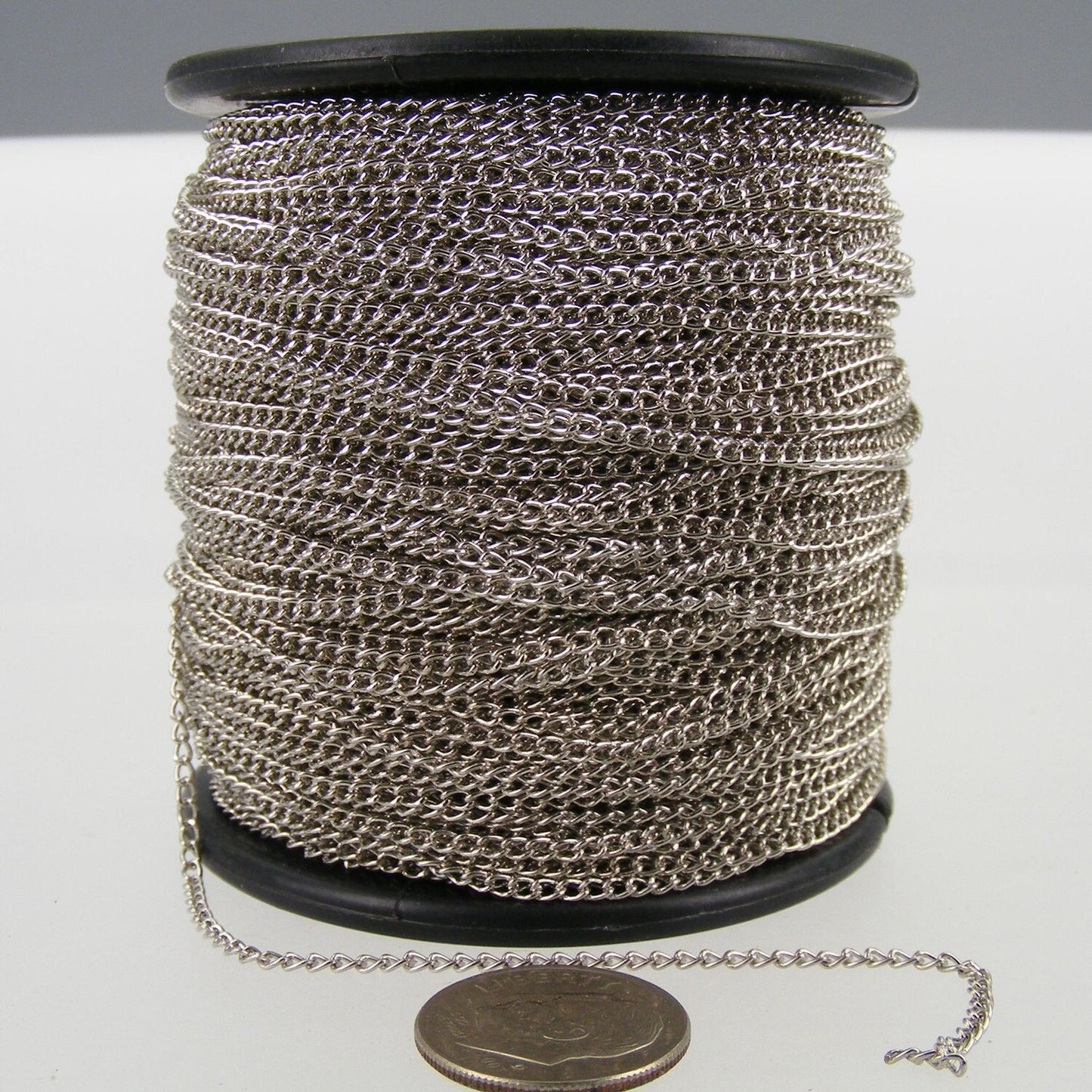 100ft. spool of Rhodium Plated little curb chain - 1.5mm Unsoldered link - 15curb