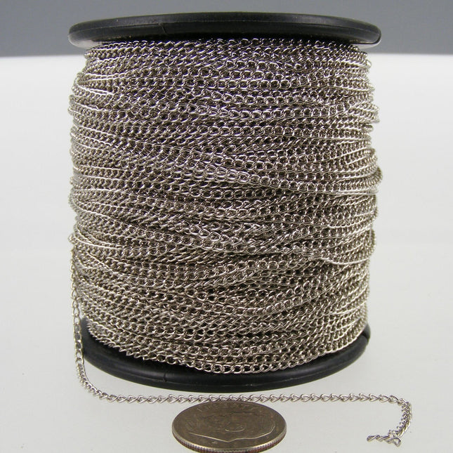 100ft. spool of Rhodium Plated little curb chain - 1.5mm Unsoldered link - 15curb