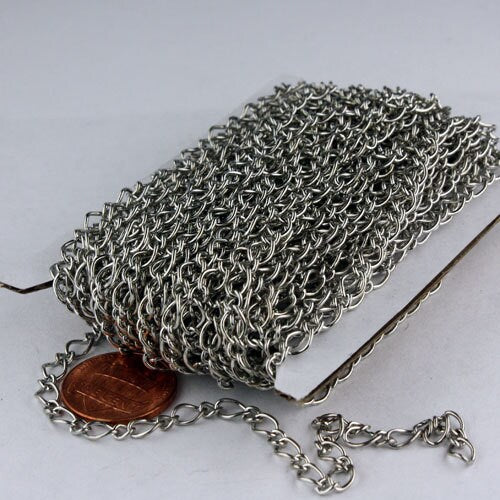 12ft Spool of Rhodium   Plated Fashion Figaro Long and Short Chain - 6.5x4.3mm 4.0x3.2mm 20Gauge Wire - 6543LS