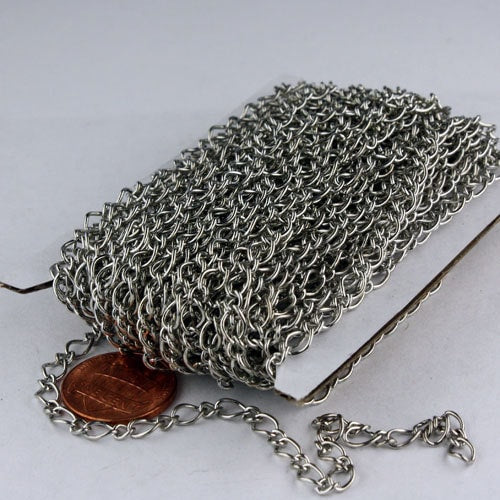 32ft Spool of Rhodium   Plated Fashion Figaro Long and Short Chain - 6.5x4.3mm 4.0x3.2mm 20Gauge Wire - 6543LS