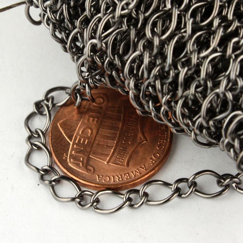 12ft Spool of Gunmetal  Plated Fashion Figaro Long and Short Chain - 6.5x4.3mm 4.0x3.2mm 20Gauge Wire - 6543LS