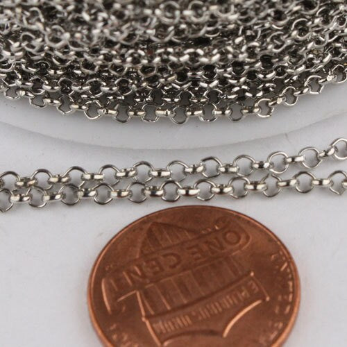 50 feet of Rhodium Plated Rolo Chain bulk, Antique Silver Rolo Cable Chain 2.0mm 2mm - Unsoldered Links -  Wholesale Bulk - 20ROLO