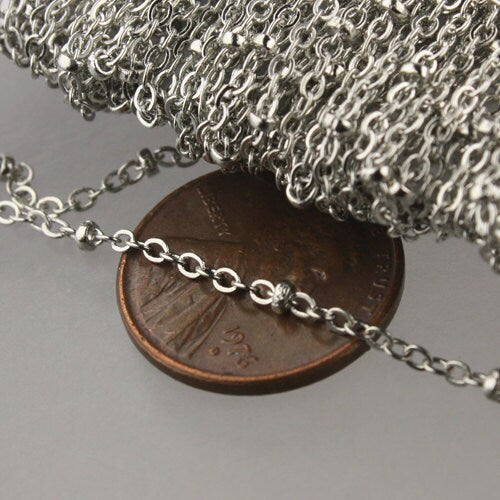 10 ft Antique Silver Satellite Chain Flat BALL Chain - 2.4x1.7mm SOLDERED link - Rhodium Tiny Small Ball Flat Cable Chain  - 2417FSAT