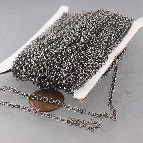 Gunmetal Rolo Chain bulk, 32 ft of Rolo Cable Chain 2.5mm - Unsoldered Links -  Wholesale Bulk Jewerly Chain - 25ROLO