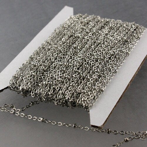 10 ft Antique Silver Satellite Chain Flat BALL Chain - 2.4x1.7mm SOLDERED link - Rhodium Tiny Small Ball Flat Cable Chain  - 2417FSAT