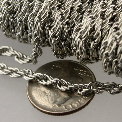 10 ft of Rhodium Plated Rope Chain Necklace - 3.9x3.0mm Link - Chain Thickness 2.7mm