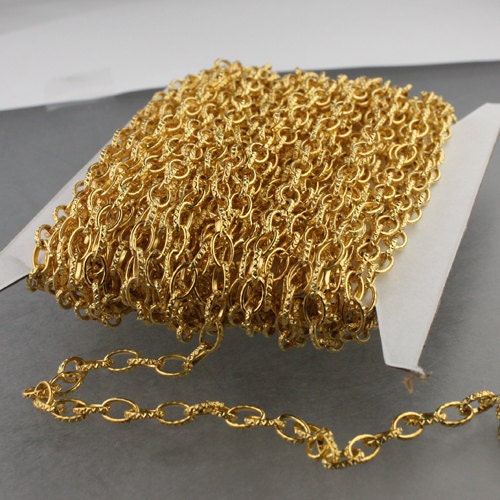STRONg 19G New - 32 feet of Gold Plated Texture Drawn Cable Chain - 6.3x3.5mm Unsoldered Link - 6335DR-EX