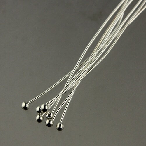 100 Sterling Silver Plated Ball headpins Head Pins - 2 inches (50mm), 22 Gauge 22G 2.0mm  Hard Body