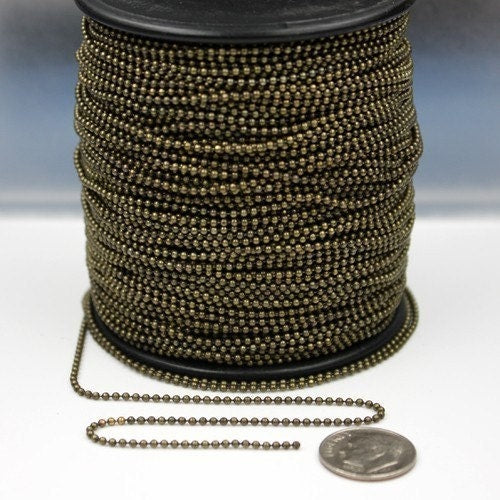 Antique Brass Chain, 32 ft. spool of Antique Brass  ball chain - 1.5mm ball size with free 10 pcs of connector(Crimp) - 15BALL