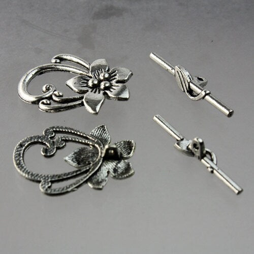 10 sets of Antique Silver Flower Sturdy Toggle Clasps