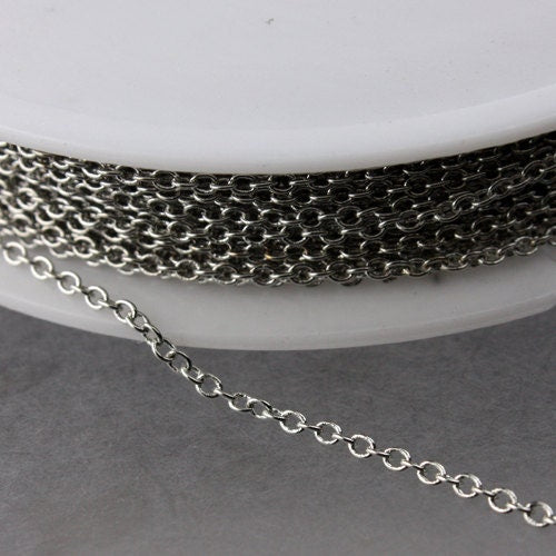 Rhodium Plated Chain Bulk Chain, 32 ft of Tiny Antique Silver Chain Cable - 2.0x1.4mm SOLDERED Chain Necklace Dainty Delicate  Chain - 2014S