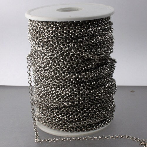 Rhodium Plated Rolo Chain bulk, 5 ft of Antique Silver Rolo Cable Chain 3.2mm - Unsoldered Links -  Bulk Jewelry - 3.2ROLO