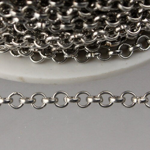 Rhodium Plated Rolo Chain bulk, 5 ft of Antique Silver Rolo Cable Chain 3.2mm - Unsoldered Links -  Bulk Jewelry - 3.2ROLO