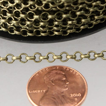 Antique Brass Rolo Chain bulk Chain, 32 ft of Rolo Bronze Cable Chain 3.2mm - Unsoldered Links -  Bulk Jewelry - 3.2ROLO