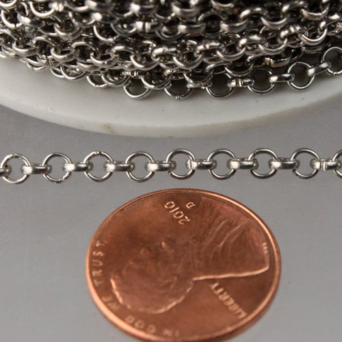 Rhodium Plated Rolo Chain bulk, 32 ft of Antique Silver Rolo Cable Chain 3.2mm - Unsoldered Links - Necklace Bracelet  - 3.2ROLO