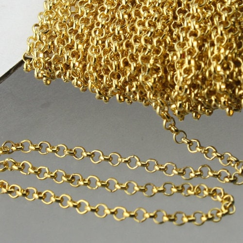 100 feet Gold Plated Rolo Chain bulk, ROLO Rollo cable chain - 2.5mm Unsoldered Links - Necklace Bracelet Wholesale Bulk Jewelry Chain