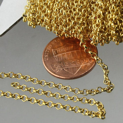 100 feet Gold Plated Rolo Chain bulk, ROLO Rollo cable chain - 2.5mm Unsoldered Links - Necklace Bracelet Wholesale Bulk Jewelry Chain