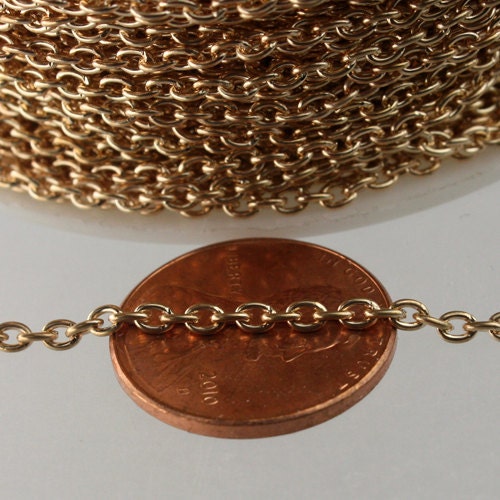 Sample Lot 3 ft spool of Pinky Gold (Champagne Gold Plated) Round cable chain - 3.0x2.1mm - Sturdy Unsoldered link