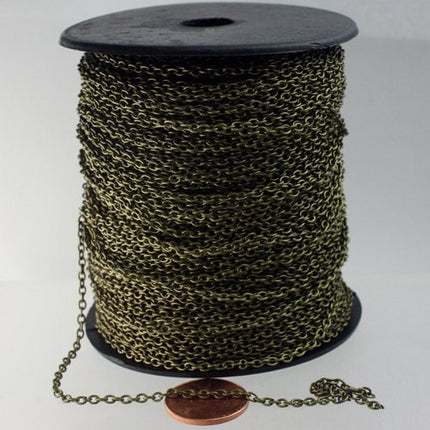 100 ft spool of Antique Brass / Bronze Round cable chain - 3.0x2.1mm Sturdy unsoldered link Bulk chain - 3021CA