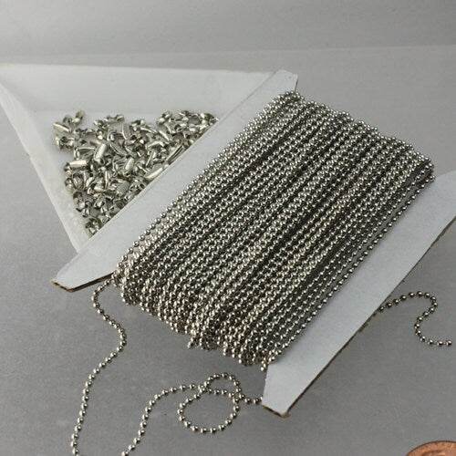 32 ft. spool of Rhodium Plated ROUND ball chain - 1.5mm ball size with 10 pcs of Connectors(Insert) - 15BALL