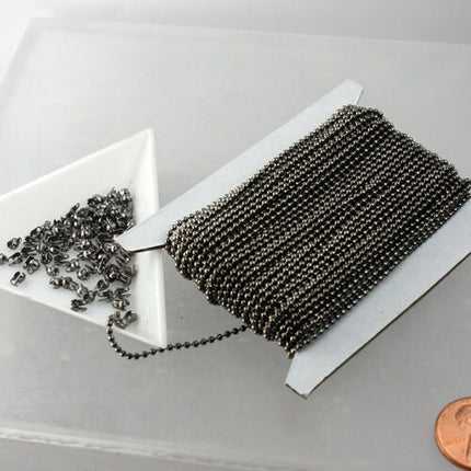 32ft spool of Gunmetal plated ball chain - 1.5mm with 10 pcs of Connectors (crimp) - 15BALL