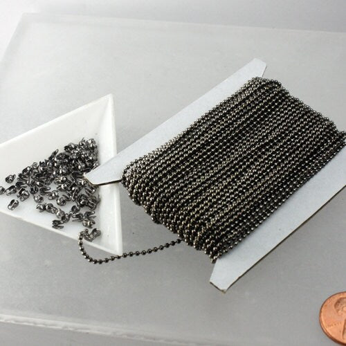 32ft spool of Gunmetal plated ball chain - 1.5mm with 10 pcs of Connectors (crimp) - 15BALL