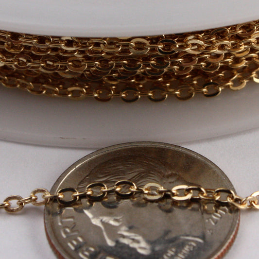 100 ft Pinky Gold Chain - 2.4x1.7mm SOLDER Cable Chain - Champagne Gold Plated little Oval Flat Soldered Cable Chain  - 2417F