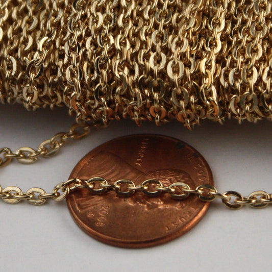 50 ft spool of Pinky Gold Champagne Gold Plated Flat Round cable chain - 3x2.2mm - unsoldered link - 322FLAT