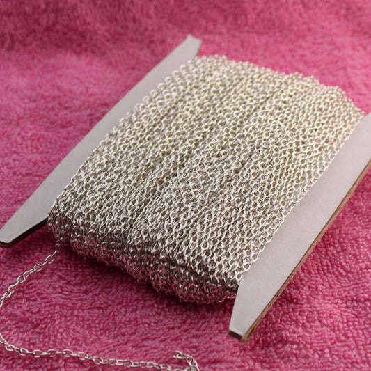 Sterling Silver Plated Cable Chain Bulk, 12 ft of Round Cable Chain 3x2.2mm 0.6mm wire - Unsoldered - 322CA