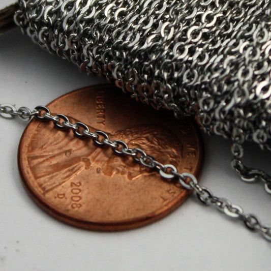 30 feet of Stainless Steel chain bulk, Surgical Stainless Steel Small Soldered Sturdy FLAT cable chain - 1.55mm SOLDERED Link
