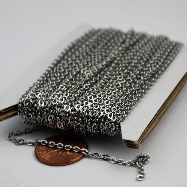 10 Ft Stainless Steel chain Surgical Small Soldered Sturdy FLAT cable chain - 3.1x2.0mm SOLDERED Link bulk chain