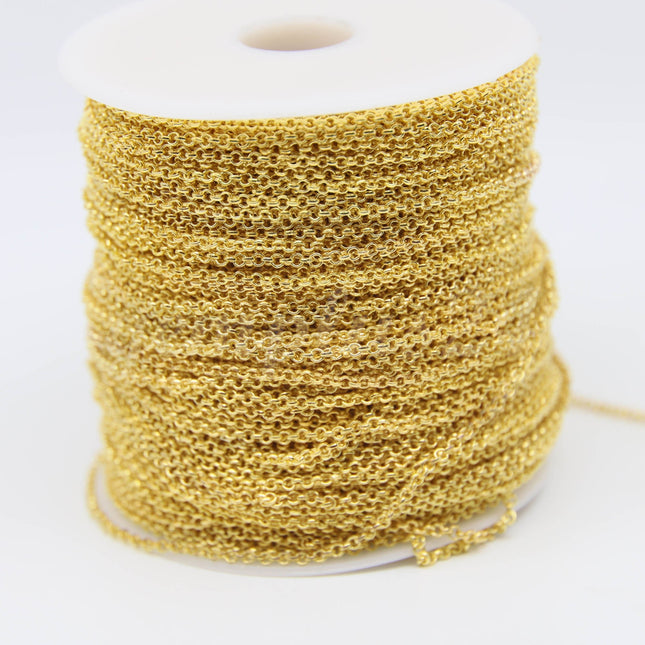 ATC Anti-Tarnishing Coating 24K Deep Gold Plated ROLO Chain bulk, 3/10/32/100 Feet of SOLDERED Rolo Chain - 2.0mm 2mm Links - ATC20BL