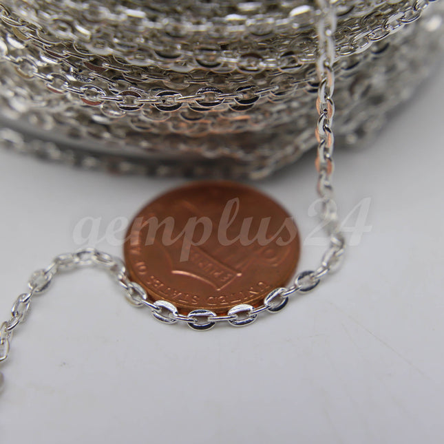 ATC Anti-Tarnishing Coating Sterling Silver Plated  Flat Cable Chain bulk, 3/10/32/50 Feet of UNSOLDERED Link - 3x2.2mm Unsoldered - ATC322