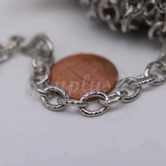 30/50/100 Feet of Rhodium Plated Oval Texture Chunky Cable Chain - 8x7mm 1.4mm thickness - White Gold Color - Unsoldered Link - 8070TX