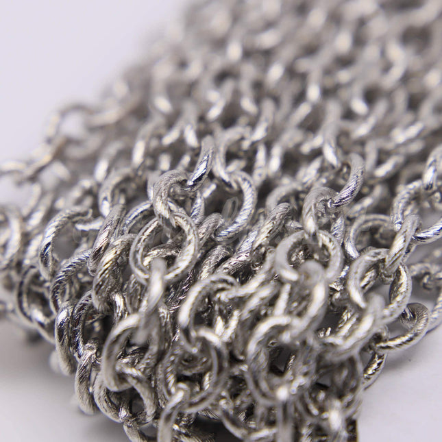 5 feet of Rhodium plated oval Texture Chunky Big cable chain - 8x7mm - white gold color - unsoldered Link - 8070TX