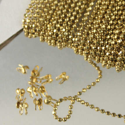 raw Brass Ball Chain Bulk, 10 ft. spool of FACET micro ball chain - 1.2mm ball w/ FREE 10 connectors (crimp) - 12DC